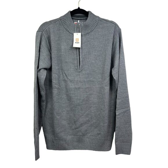 H2H Mens Knit Sweater Quarter Zip Mock‎ Neck Ribbed Side Panels Gray Size M - Picture 1 of 5